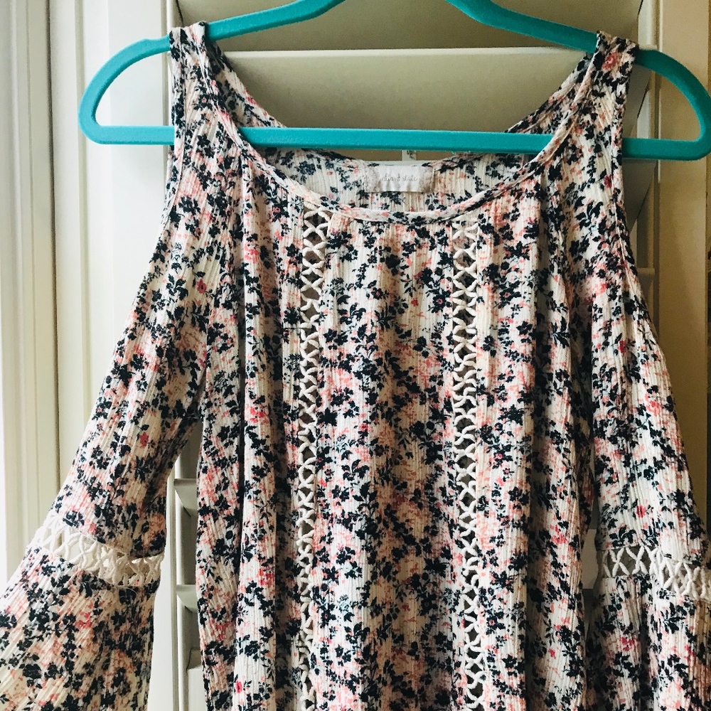 long sleeved floral shirt with shoulder cut outs